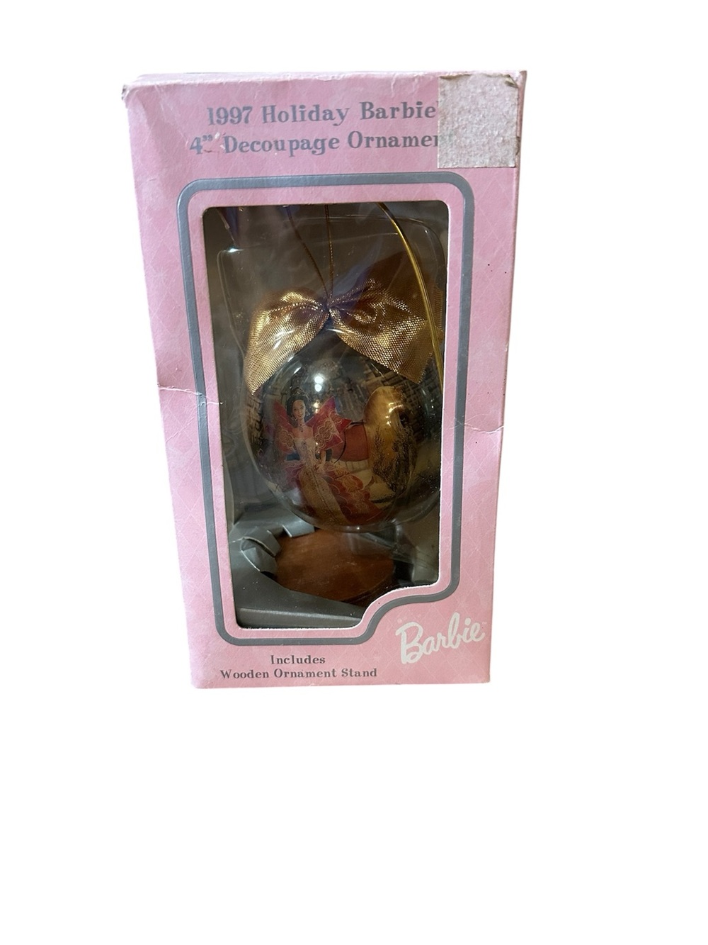 Vintage Barbie 1997 Holiday Barbie 4” Decoupage Ornament With Wood Stand NEW